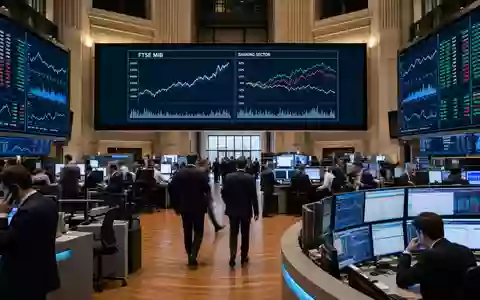 Börsen-Editorial vom Mailänder Handelsraum zeigt Intesa Sanpaolo S.p.A., ISIN IT0000072618, gelistet im FTSE-MIB-Aktienindex Italiens - Foto: THN