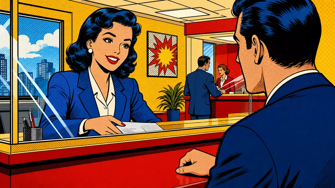 Pop-Art-Comic mit Bankschalter-Szene in Rot, Gelb und Blau