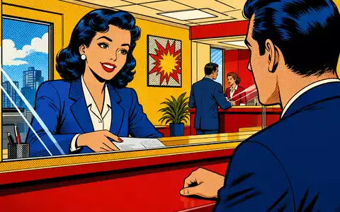 Pop-Art-Comic mit Bankschalter-Szene visualisiert Intesa Sanpaolo S.p.A., ISIN IT0000072618, freundlich als italienisches Bankinstitut - Foto: THN