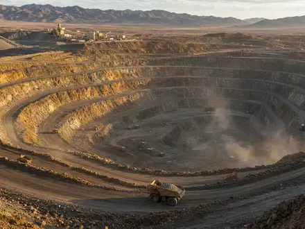 Newmont Corporation (US6516391066): fotorealistische Luftaufnahme eines riesigen Gold-Tagebaus mit Terrassen und Lastwagen - Foto: THN