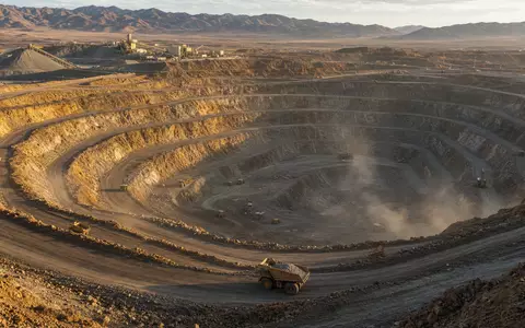 Newmont Corporation (US6516391066): fotorealistische Luftaufnahme eines riesigen Gold-Tagebaus mit Terrassen und Lastwagen - Foto: THN