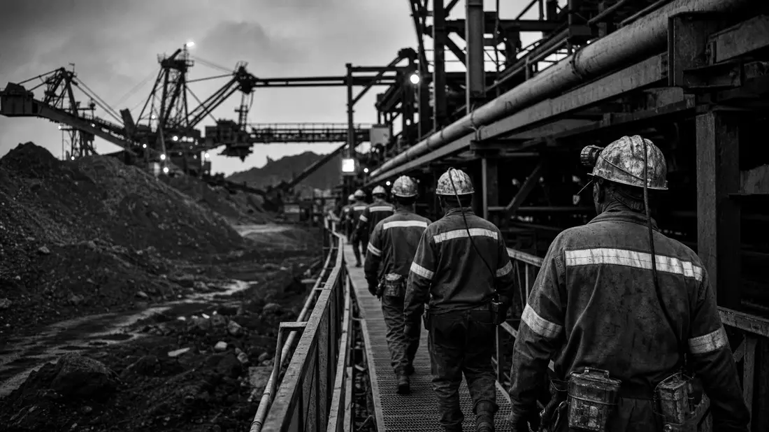 Schwarz-weißes Dokumentarfoto von Minenarbeitern auf einem Steg vor Industrieanlagen