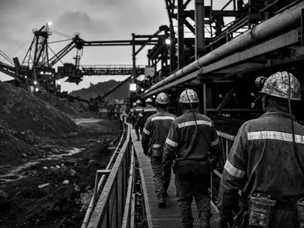 Newmont Corporation (US6516391066): Schwarz-Weiß-Reportagefoto von Bergarbeitern mit Helmen auf einem industriellen Minengelände - Foto: THN
