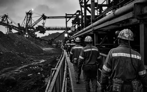 Newmont Corporation (US6516391066): Schwarz-Weiß-Reportagefoto von Bergarbeitern mit Helmen auf einem industriellen Minengelände - Foto: THN