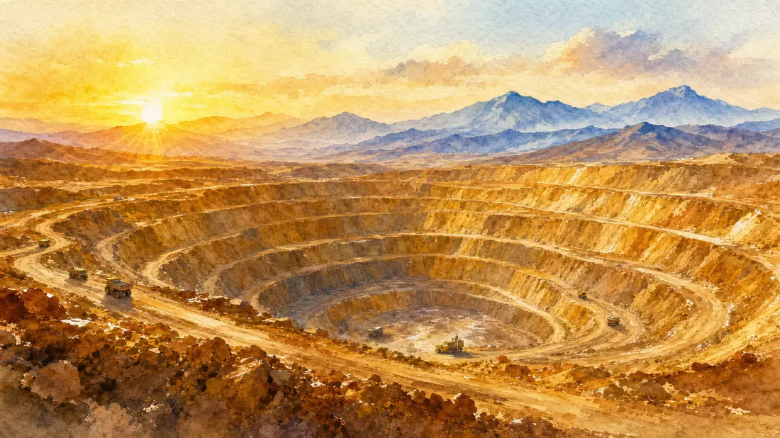 Aquarellmalerei eines terrassierten Tagebaus in warmen Ockertönen bei Sonnenaufgang