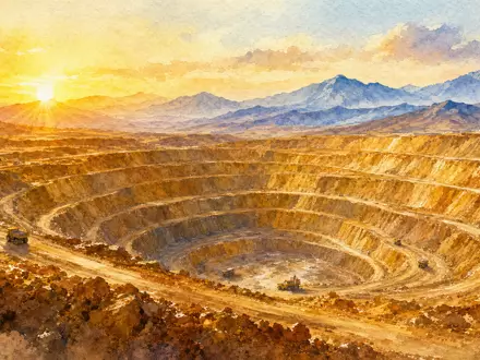 Newmont Corporation (US6516391066): sanftes Aquarellgemälde einer goldenen Tagebau-Landschaft bei Sonnenaufgang mit Bergpanorama - Foto: THN