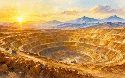 Newmont Corporation (US6516391066): sanftes Aquarellgemälde einer goldenen Tagebau-Landschaft bei Sonnenaufgang mit Bergpanorama - Foto: THN
