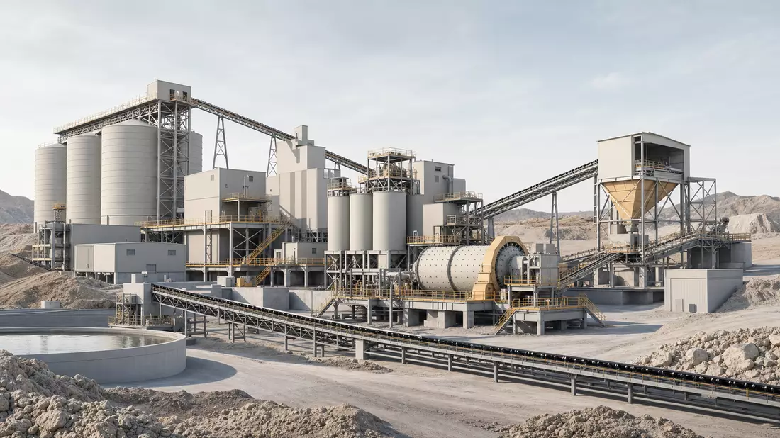 3D-Render einer modernen Erzverarbeitungsanlage mit Silos, Förderbändern und Betonstrukturen