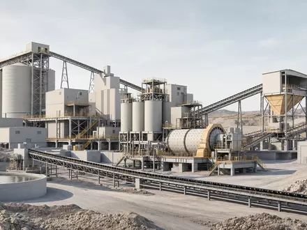 Newmont Corporation (US6516391066): klarer Architektur-Render einer modernen Goldverarbeitungsanlage mit Silos und Förderbändern - Foto: THN