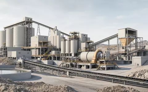 Newmont Corporation (US6516391066): klarer Architektur-Render einer modernen Goldverarbeitungsanlage mit Silos und Förderbändern - Foto: THN