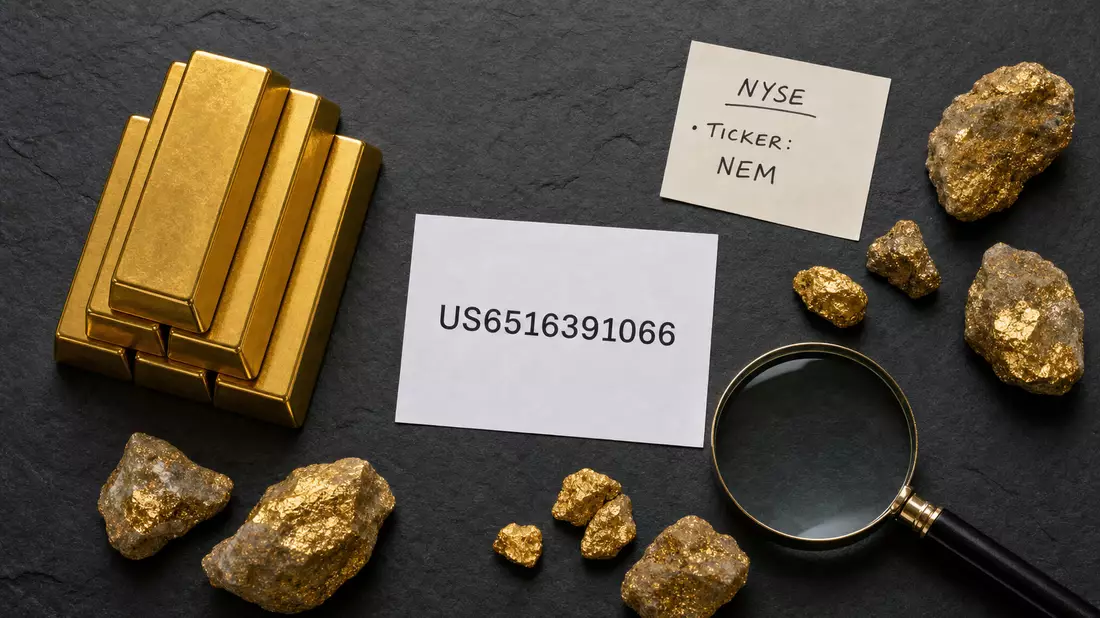 Flatlay-Aufnahme von Goldbarren, Golderz und einer Karte mit ISIN-Nummer auf dunklem Untergrund