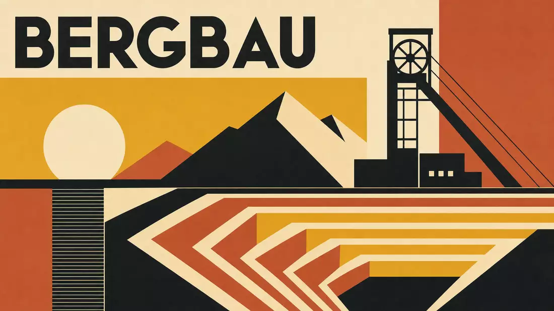 Bauhaus-Stil-Poster mit geometrischen Bergformen, Förderturm und dem Wort Bergbau