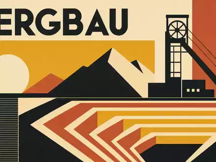 Newmont Corporation (US6516391066): Bauhaus-Poster mit geometrischen Formen, Förderturm-Silhouette und großem Schriftzug BERGBAU in warmen Farben - Foto: THN