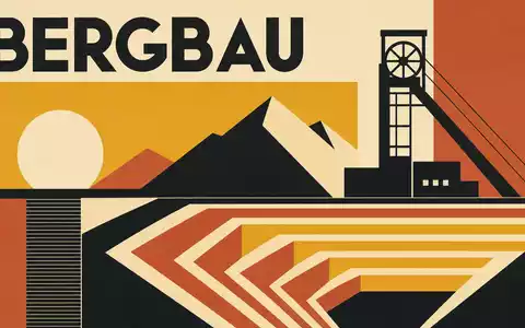 Newmont Corporation (US6516391066): Bauhaus-Poster mit geometrischen Formen, Förderturm-Silhouette und großem Schriftzug BERGBAU in warmen Farben - Foto: THN