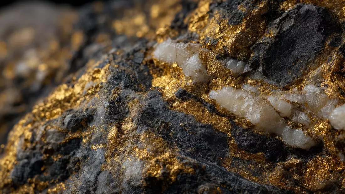 Makroaufnahme von rohem Golderz mit sichtbaren Goldflecken und Quarzadern