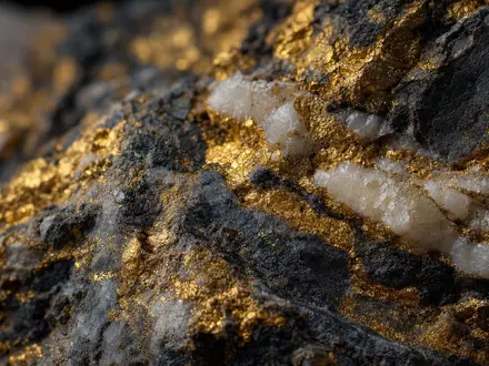 Newmont Corporation (US6516391066): extreme Makroaufnahme von rohem Golderz mit glitzernden Goldadern und Quarzstruktur - Foto: THN