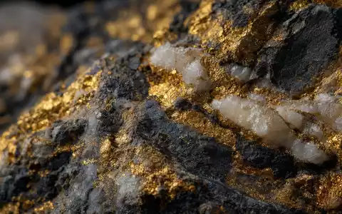 Newmont Corporation (US6516391066): extreme Makroaufnahme von rohem Golderz mit glitzernden Goldadern und Quarzstruktur - Foto: THN