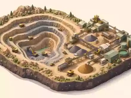Newmont Corporation (US6516391066): isometrische 3D-Illustration eines Bergbaubetriebs mit Tagebau, Fahrzeugen und Verarbeitungsanlage im Detail - Foto: THN