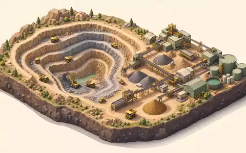 Newmont Corporation (US6516391066): isometrische 3D-Illustration eines Bergbaubetriebs mit Tagebau, Fahrzeugen und Verarbeitungsanlage im Detail - Foto: THN