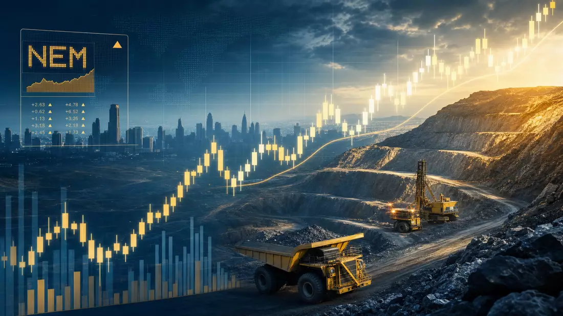 Editorielle Finanzgrafik mit Candlestick-Chart über einer Gold-Tagebau-Szene und Skyline