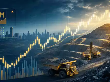 Newmont Corporation (US6516391066): Börsen-Editorial-Bild mit Kursdiagramm über einer Gold-Tagebau-Szene und ferner Skyline - Foto: THN