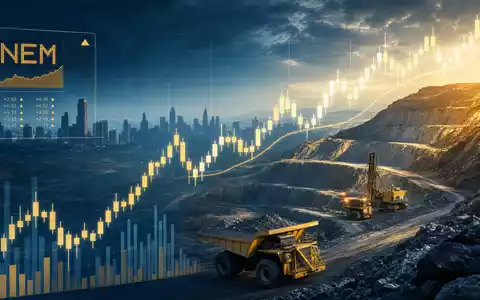 Newmont Corporation (US6516391066): Börsen-Editorial-Bild mit Kursdiagramm über einer Gold-Tagebau-Szene und ferner Skyline - Foto: THN