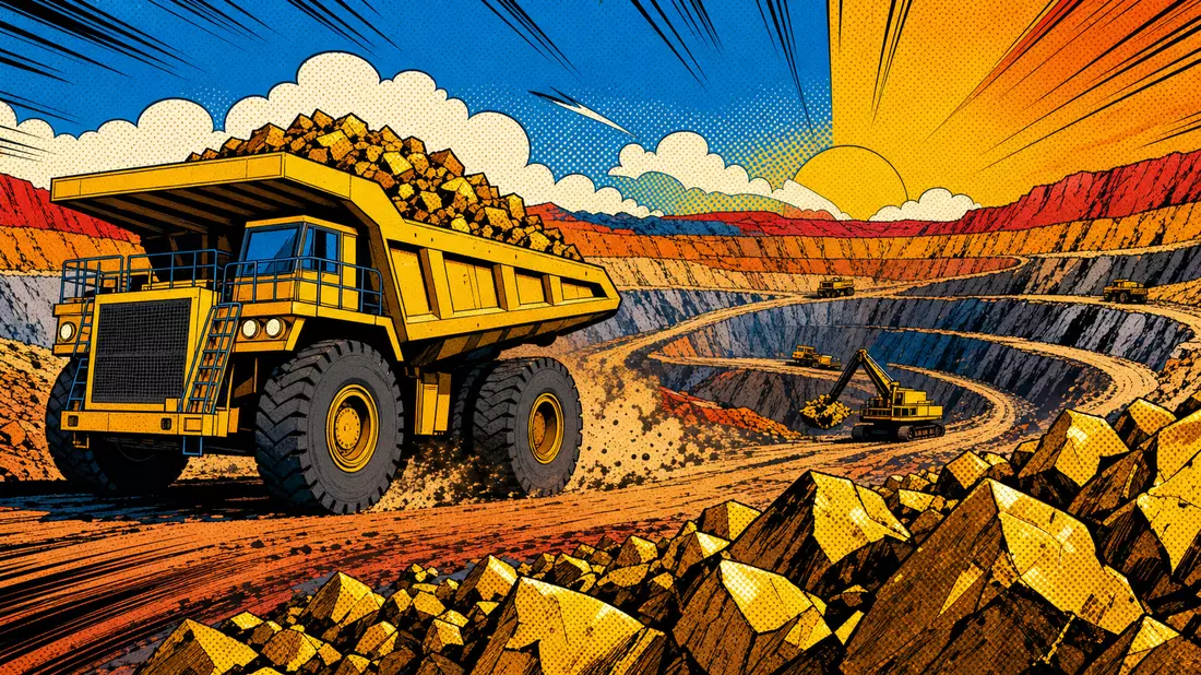 Pop-Art-Comic-Illustration eines gelben Minen-Lastwagens im farbenfrohen Gold-Tagebau