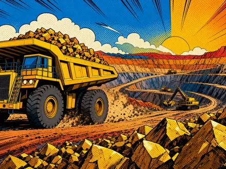 Newmont Corporation (US6516391066): Pop-Art-Comic-Illustration eines Minen-Lastwagens im Gold-Tagebau mit kräftigen bunten Farben - Foto: THN