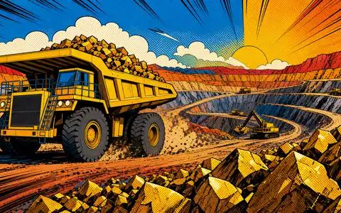 Newmont Corporation (US6516391066): Pop-Art-Comic-Illustration eines Minen-Lastwagens im Gold-Tagebau mit kräftigen bunten Farben - Foto: THN