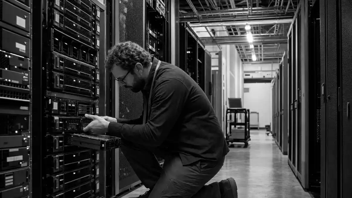 Schwarzweißfoto eines Technikers bei Wartungsarbeiten an einem Serverrack im Rechenzentrum