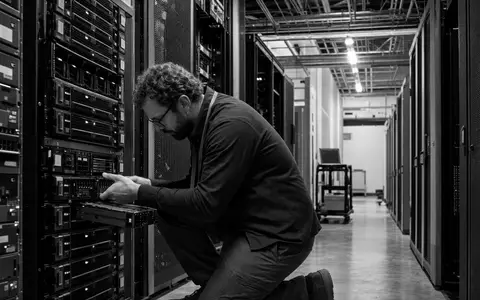 Schwarzweiß-Reportagebild eines Technikers repräsentiert NetApp Inc., ISIN US64120B1098, im Bereich Datenspeicher und Cloud-Storage-Lösungen - Foto: THN