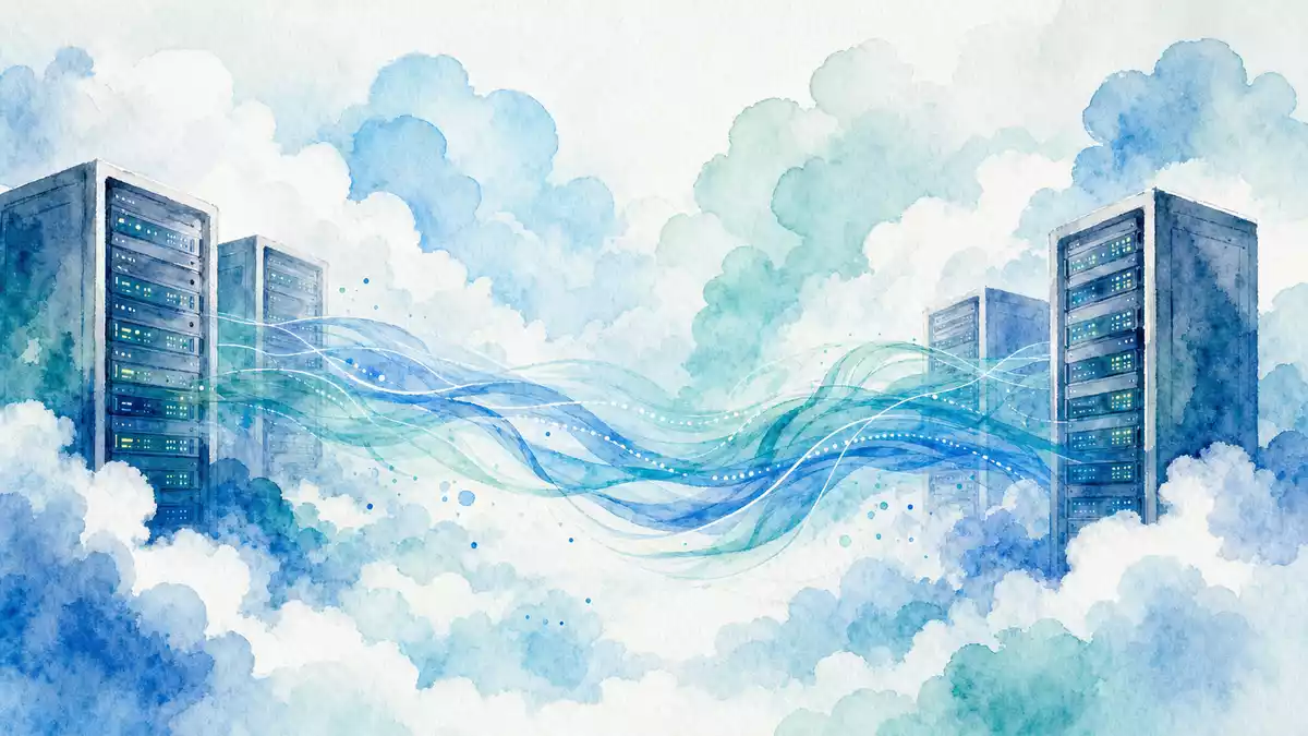 Aquarellmalerei mit fließenden blauen Datenströmen zwischen abstrakten Serverschränken in Wolken