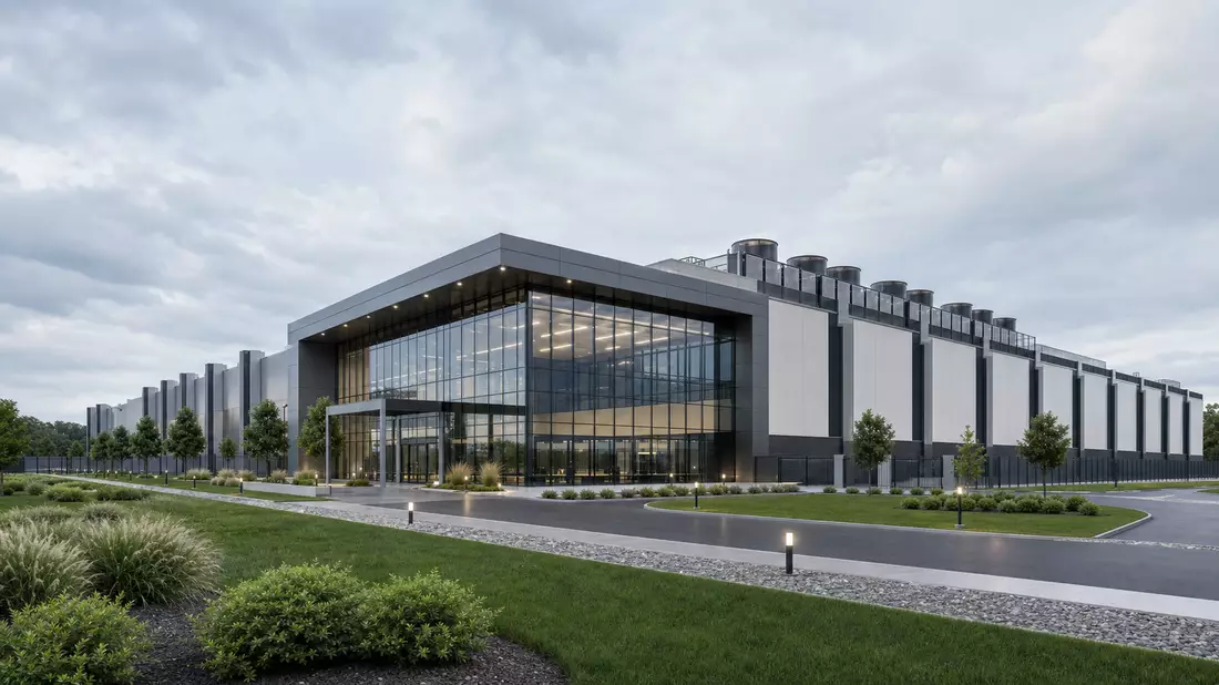Architektur-Rendering eines modernen Rechenzentrumsgebäudes mit Glasfassade und Grünanlagen