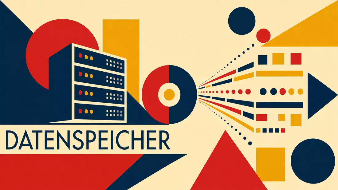 Geometrisches Bauhaus-Plakat mit stilisiertem Server und deutschem Schriftzug Datenspeicher