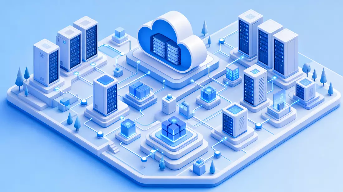 Isometrische Illustration eines Cloud-Speichernetzwerks mit Servertürmen und Datenknoten