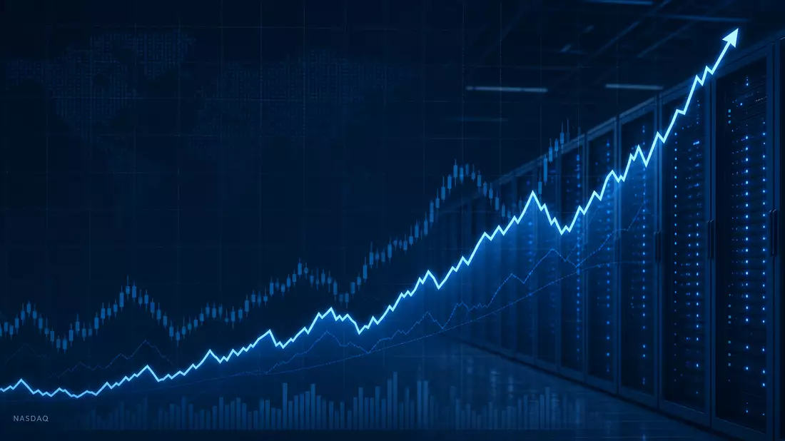 Finanzillustration mit steigender Börsenkurve vor dunklem Rechenzentrum und NASDAQ-Schriftzug