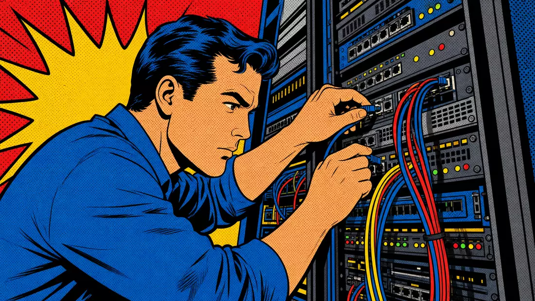 Buntes Pop-Art-Comicbild eines Technikers beim Verkabeln eines Serverschranks