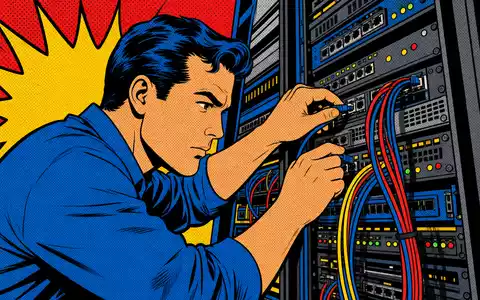 Pop-Art-Comic mit Techniker im Serverraum symbolisiert NetApp Inc., ISIN US64120B1098, im Wachstumssektor Datenspeicher - Foto: THN