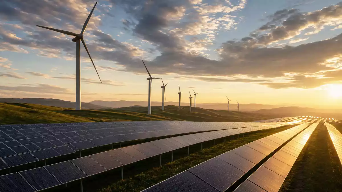 Windturbinen und Solarpanels auf grünen Hügeln bei goldenem Sonnenuntergang