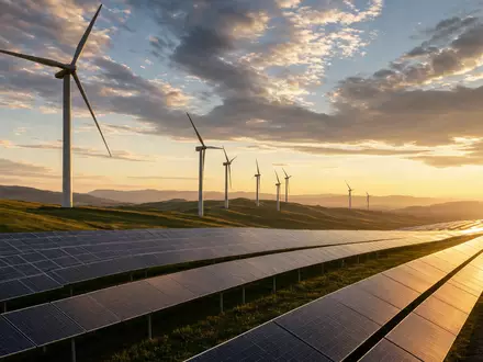 NextEra Energy Inc. (US65339F1012): fotorealistischer Windpark und Solarfarm im warmen Abendlicht bei Sonnenuntergang - Foto: THN