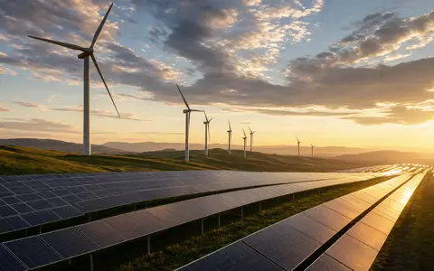 NextEra Energy Inc. (US65339F1012): fotorealistischer Windpark und Solarfarm im warmen Abendlicht bei Sonnenuntergang - Foto: THN