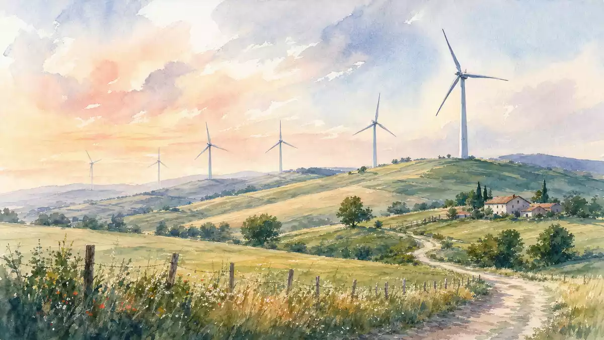 Aquarellmalerei einer Hügellandschaft mit Windrädern und pastellfarbenem Himmel
