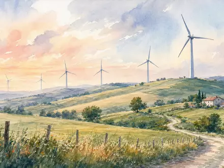 NextEra Energy Inc. (US65339F1012): zartes Aquarellbild einer Landschaft mit Windrädern auf sanften grünen Hügeln - Foto: THN