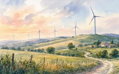 NextEra Energy Inc. (US65339F1012): zartes Aquarellbild einer Landschaft mit Windrädern auf sanften grünen Hügeln - Foto: THN