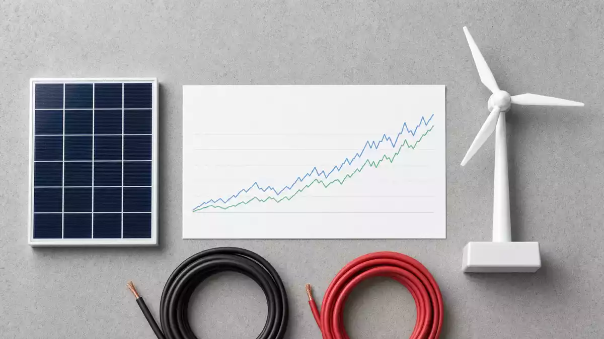 Draufsicht auf Solarzelle, Kurskarte, Windrad-Modell und Kabel auf Betonoberfläche
