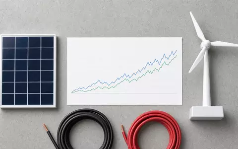 NextEra Energy Inc. (US65339F1012): Flatlay mit ISIN-Karte, Solarzelle, Windrad-Miniatur und aufgerollten Kabeln - Foto: THN