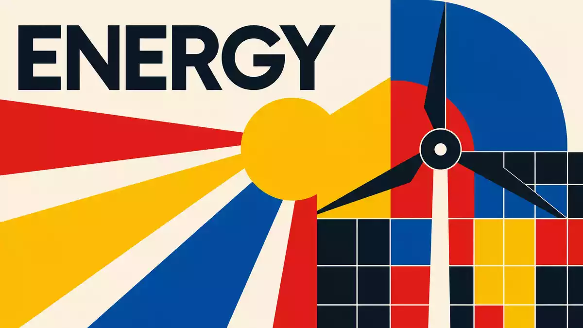 Bauhaus-Poster mit geometrischen Formen, Windrad-Silhouette und Schriftzug ENERGY