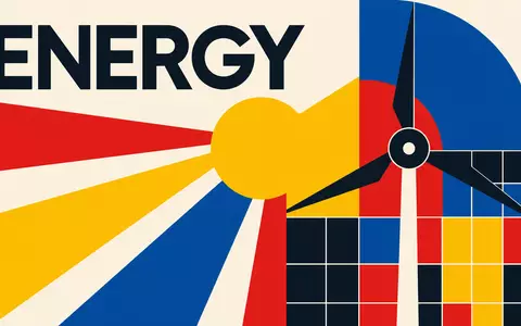 NextEra Energy Inc. (US65339F1012): geometrisches Bauhaus-Poster mit Windrad, Sonne und dem Wort ENERGY - Foto: THN