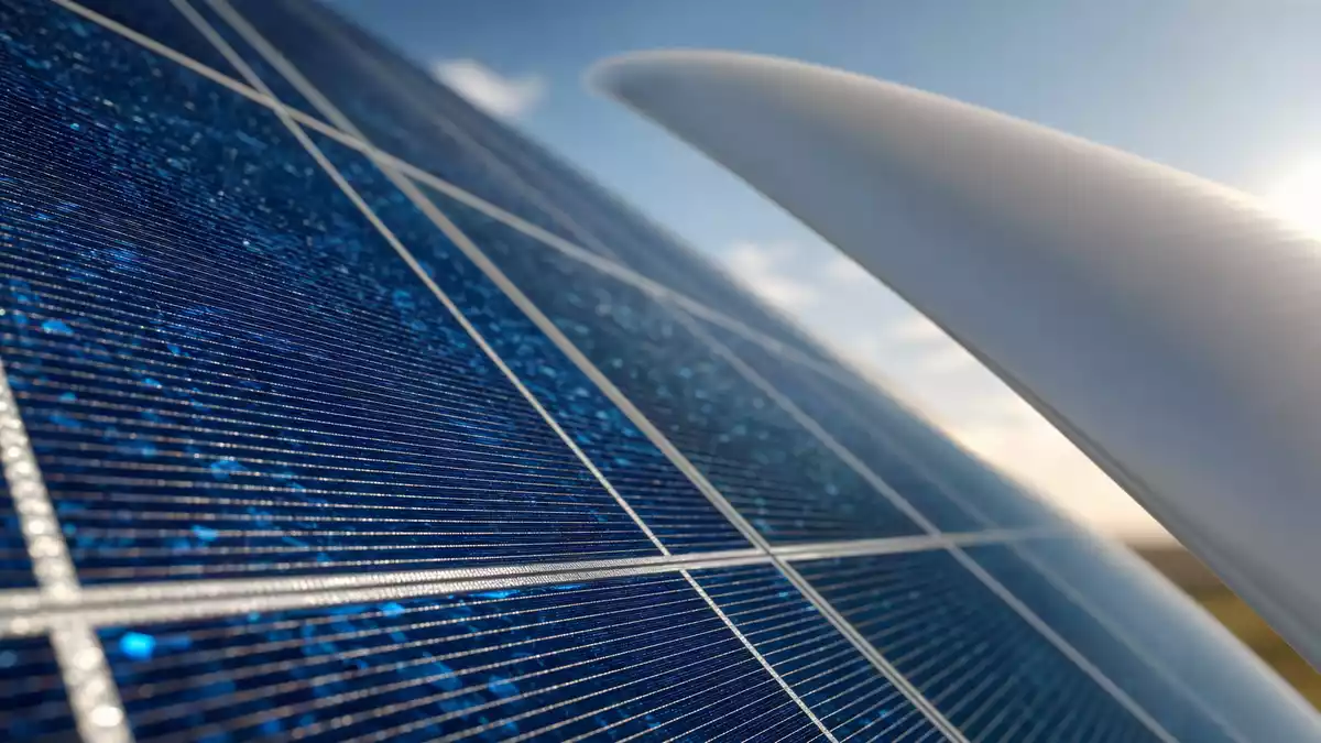Extreme Nahaufnahme von Solarzellenstruktur und gekrümmtem Turbinenblatt im Licht