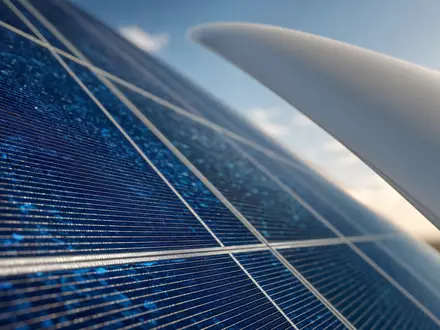 NextEra Energy Inc. (US65339F1012): Makroaufnahme einer Solarzelle und der Kante eines Windturbinenblatts - Foto: THN